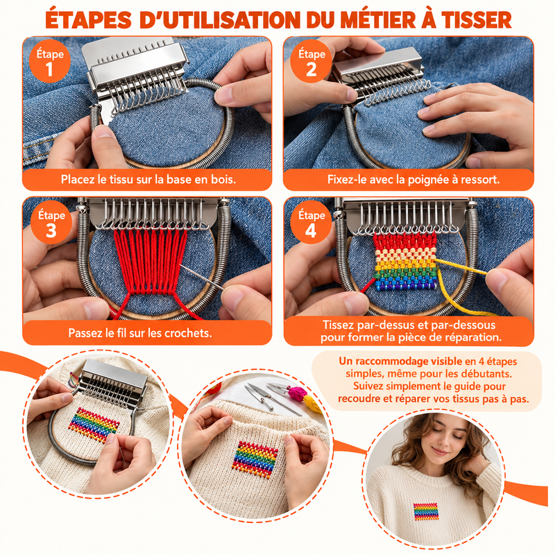 Kit de reprisage pour débutants avec crochets métalliques à ressort, pour réparation visible des tricots – Grande base en bois massif , trousse et aiguilles incluses.