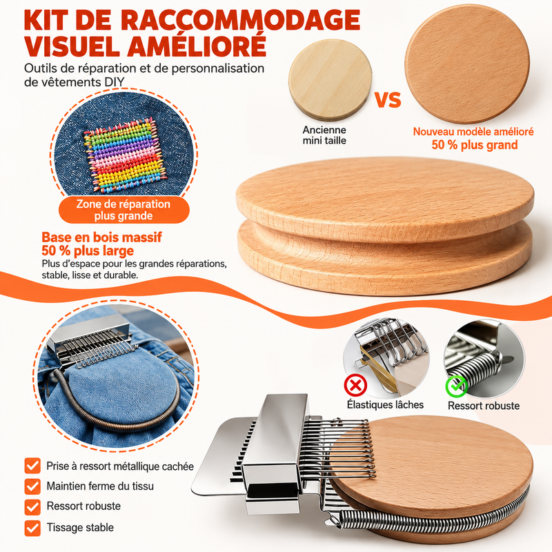 Kit de reprisage pour débutants avec crochets métalliques à ressort, pour réparation visible des tricots – Grande base en bois massif , trousse et aiguilles incluses.