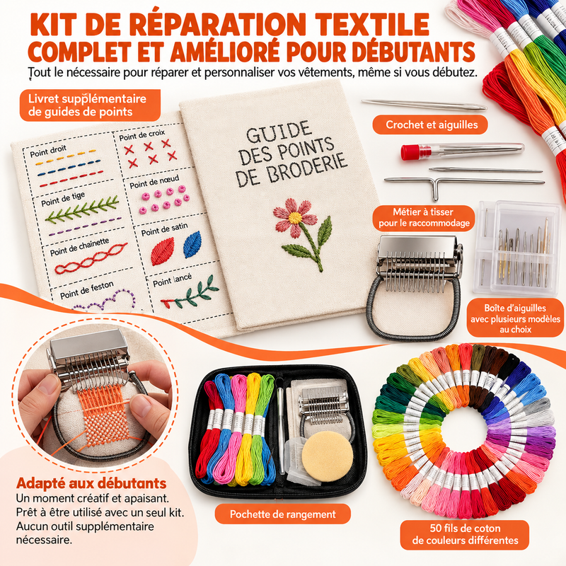 Kit de reprisage pour débutants avec crochets métalliques à ressort, pour réparation visible des tricots – Grande base en bois massif , trousse et aiguilles incluses.