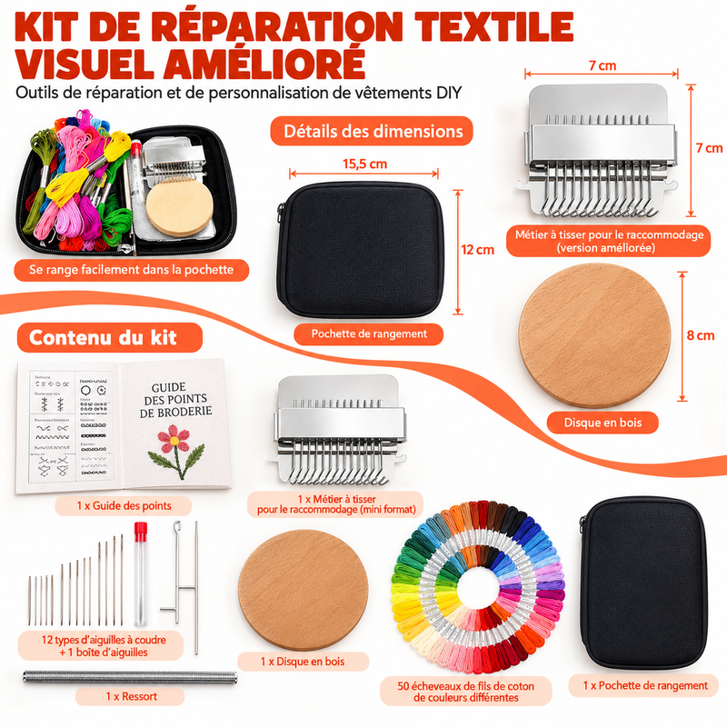 Kit de reprisage pour débutants avec crochets métalliques à ressort, pour réparation visible des tricots – Grande base en bois massif , trousse et aiguilles incluses.