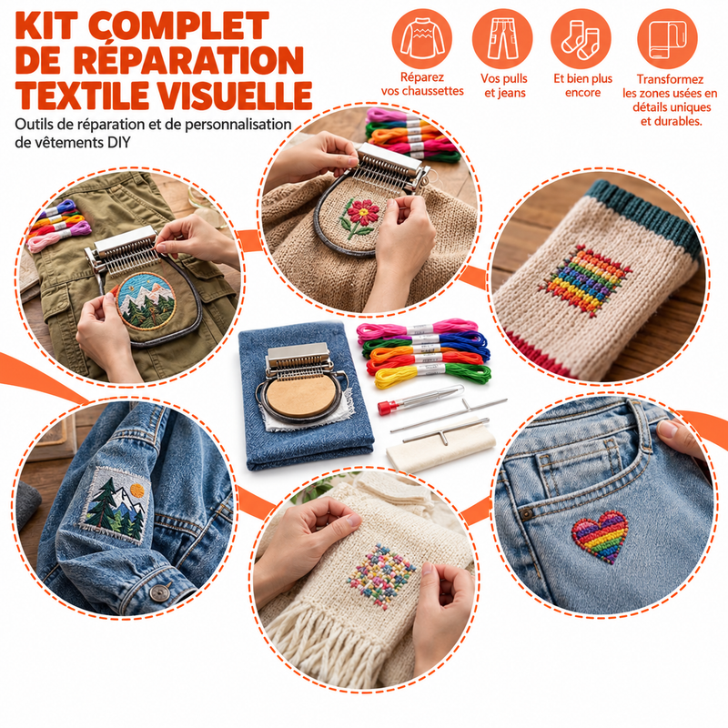 Kit de reprisage pour débutants avec crochets métalliques à ressort, pour réparation visible des tricots – Grande base en bois massif , trousse et aiguilles incluses.
