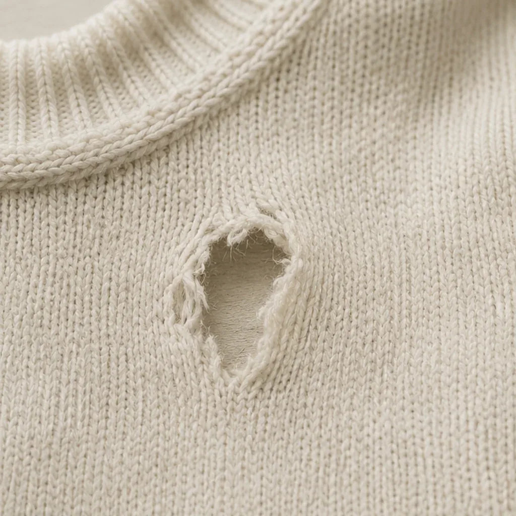Avant : pull en laine écru troué
