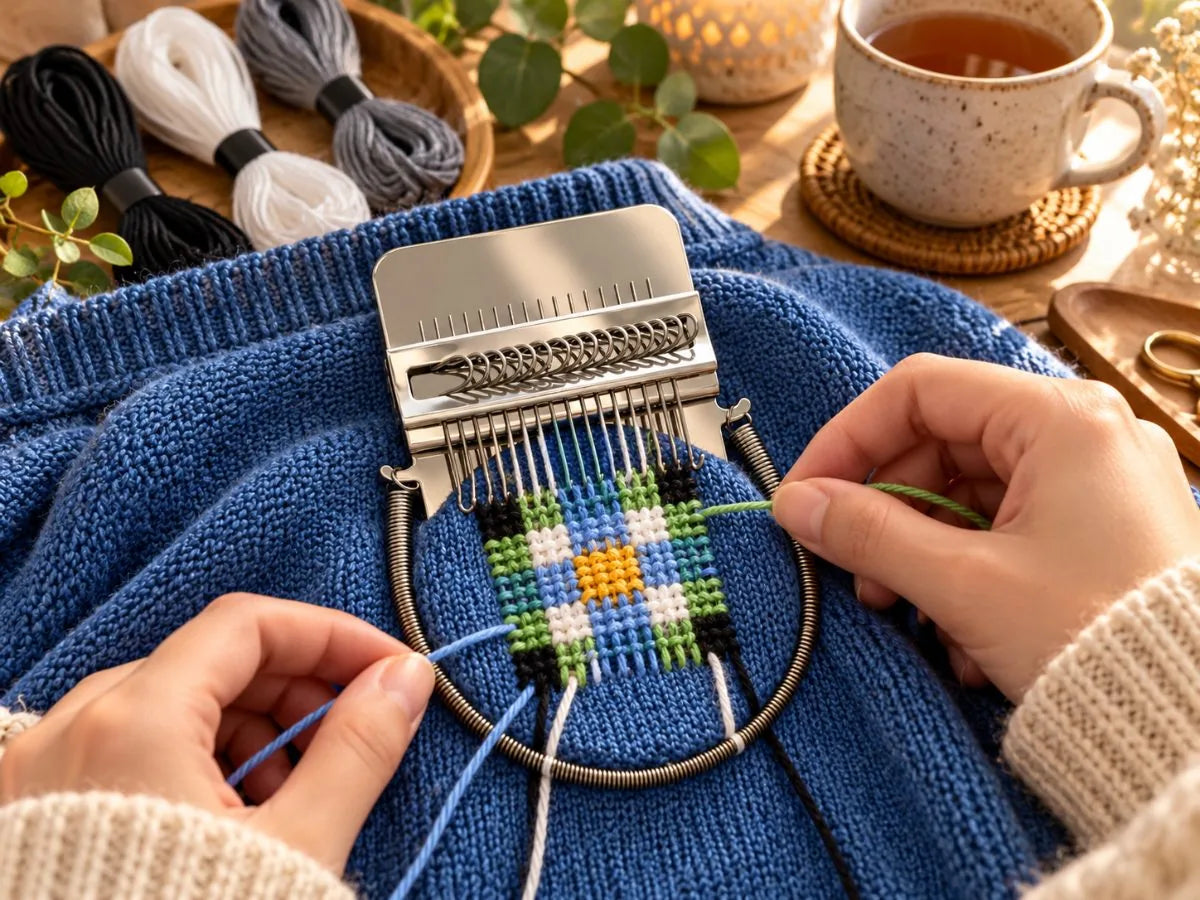 Moment de tissage chaleureux sur un pull bleu